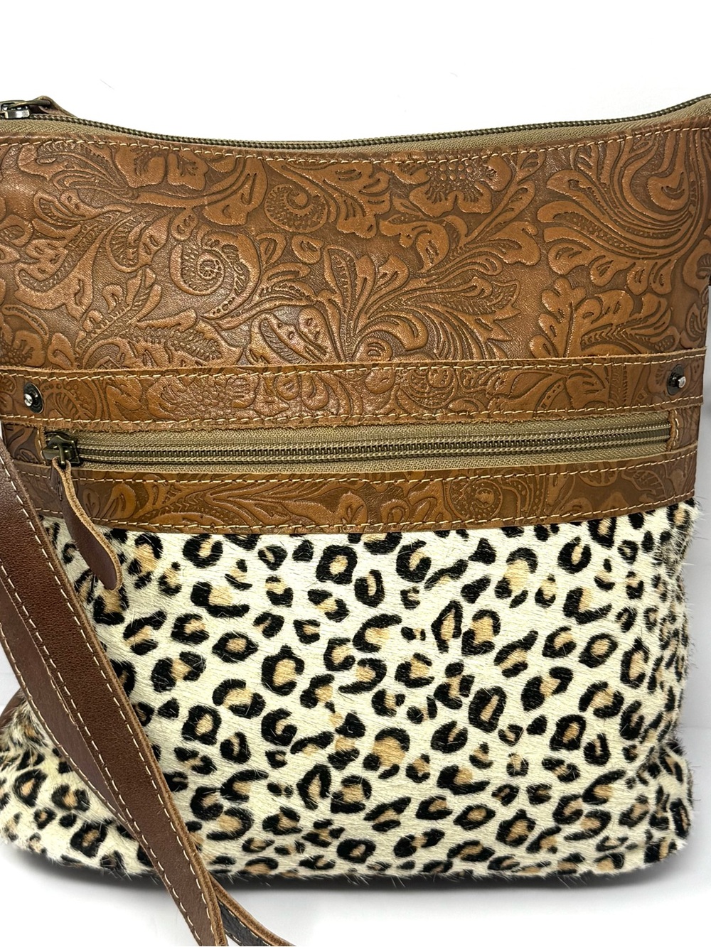 Myra Brown Tooled Leather Leopard Faux Calf Hair Crossbody Bag Western Boho